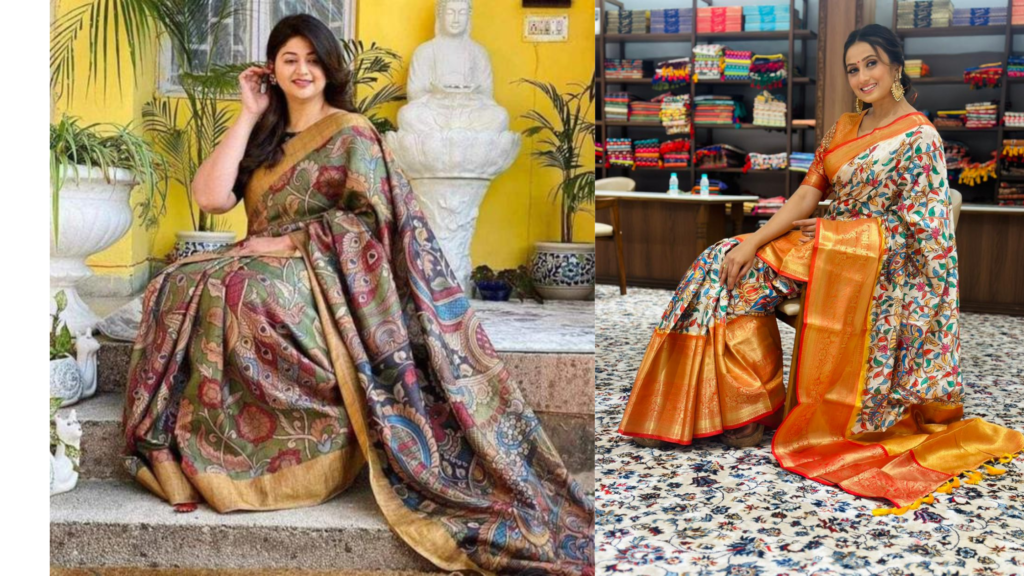 Check Style All Body Line Zari retailer Work Kalamkari Saree With Blouse Piece